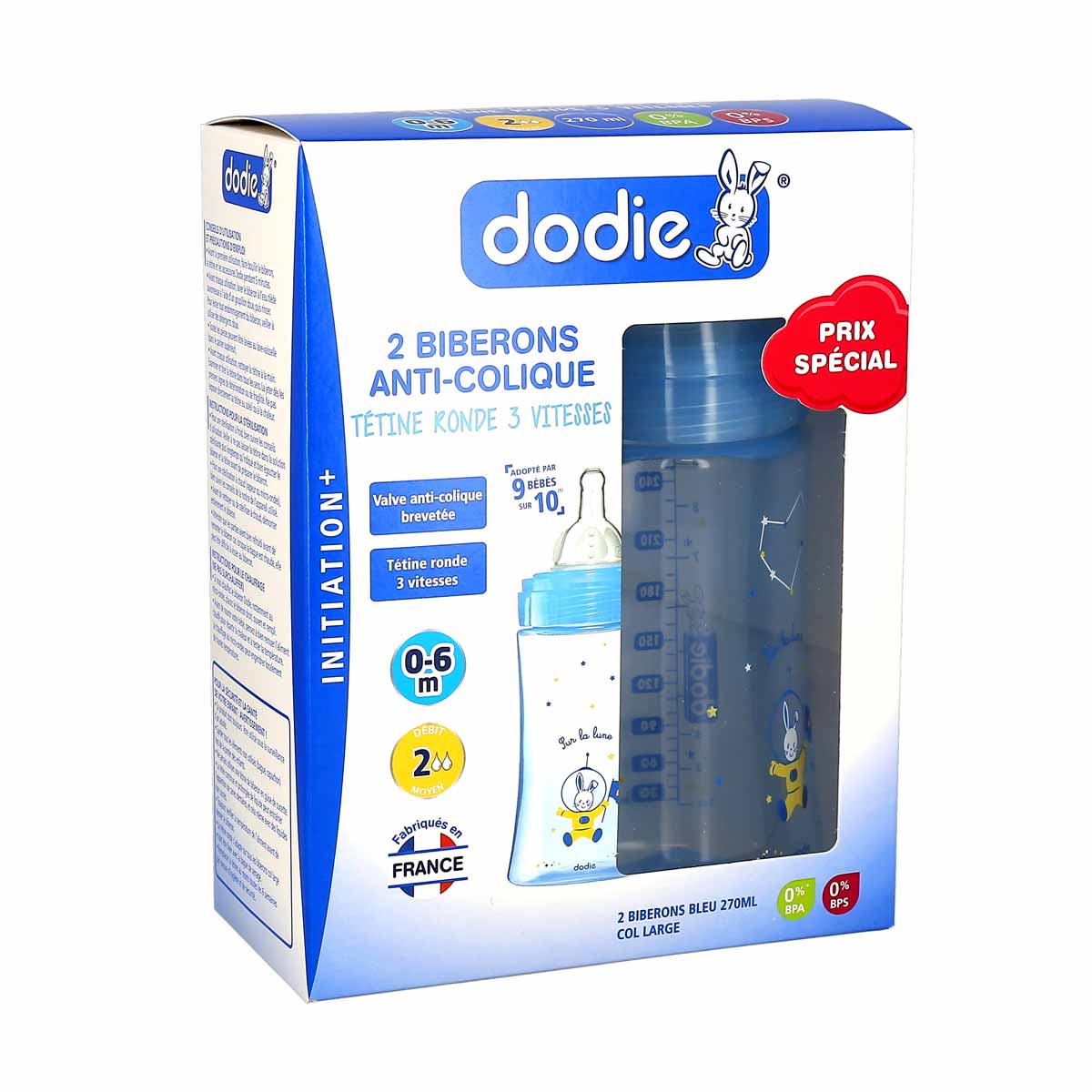 Dodie Biberon Anti-Colique Initiation+ 270ml Col Large Débit 2, 0-6 mois,  lot de 2 Biberons Bleu