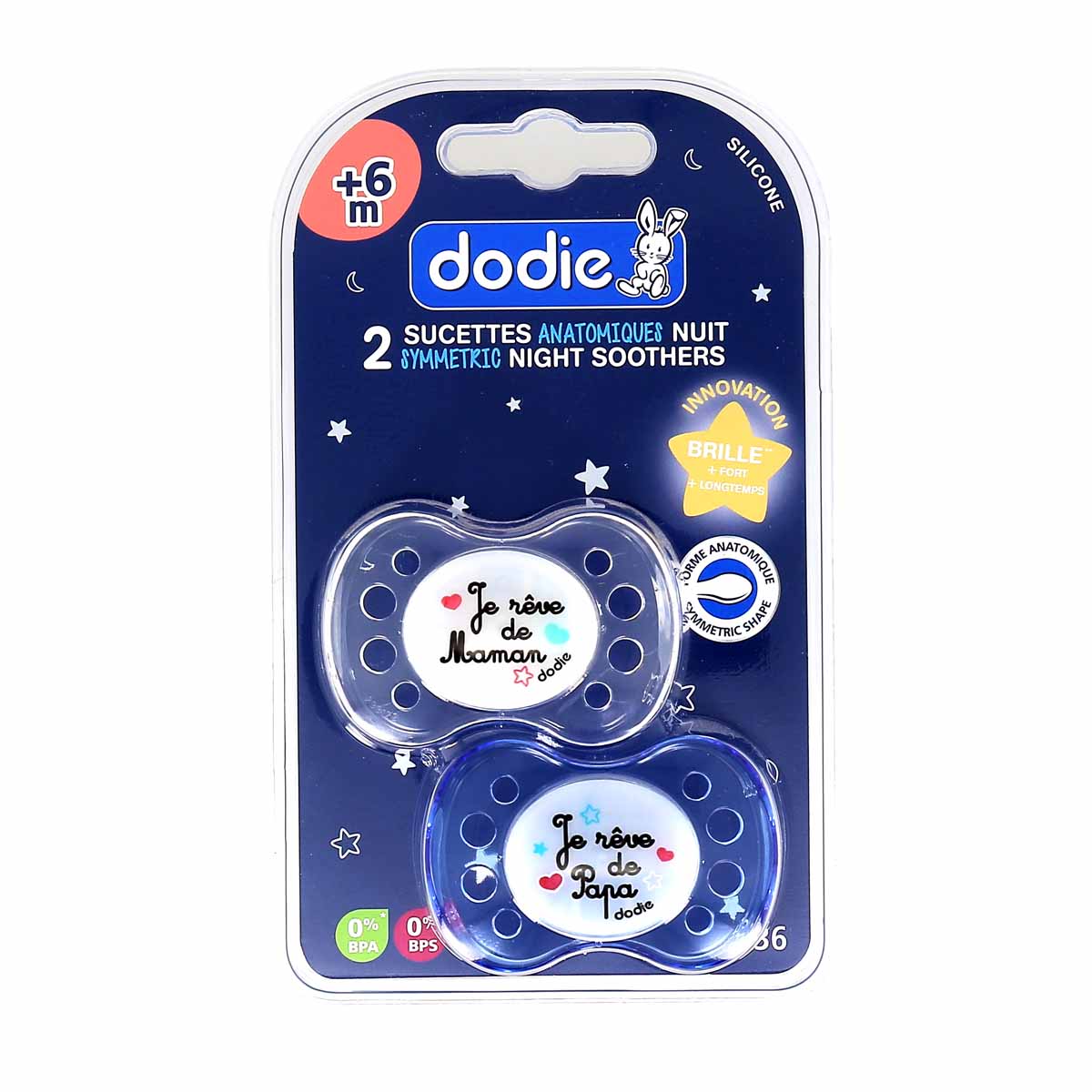 Dodie sucette silicone +6 mois nuit 2 sucettes | Pharmacie Saint Bruno