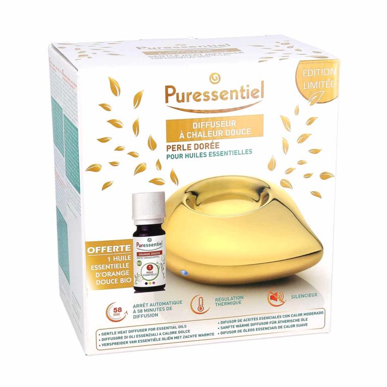 Puressentiel Coffret de Noël 2020 Diffuseur Perle Dorée + 1 huile essentielle d'Orange Douce Bio Offerte