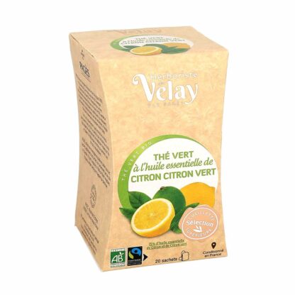 L'Herboriste du Velay Thé vert bio à l'essence de Citron et Citron vert - légèrement acidulé - recette incontournable 20 sachets