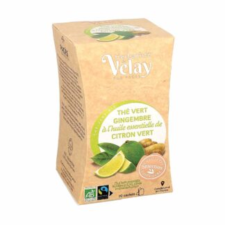 L'Herboriste du Velay Thé vert Bio au Gingembre et à l'essence de Citron vert - Gourmand et légèrement piquant 20 sachets