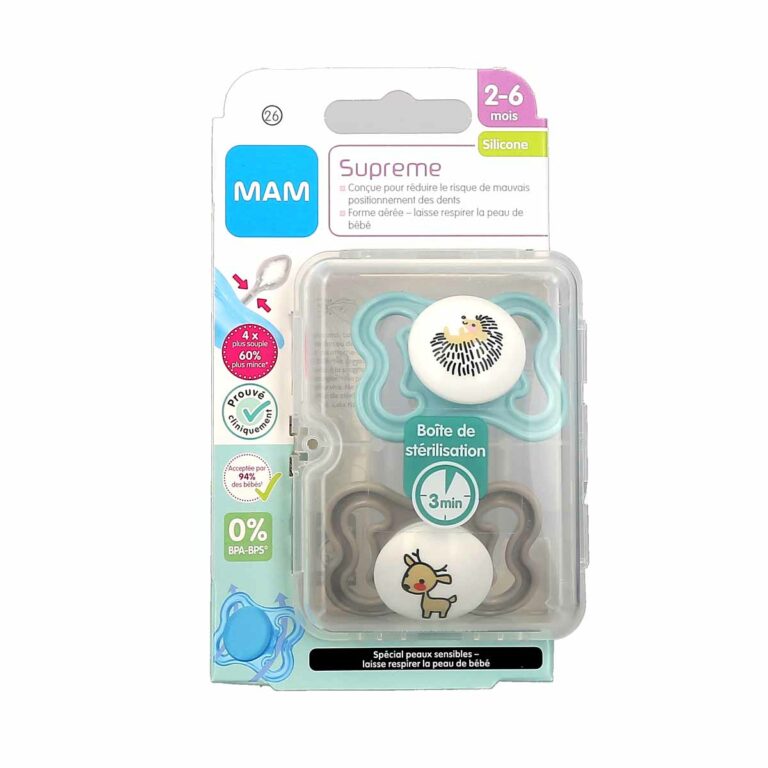 MAM 2 Sucettes Supreme Silicone 2-6 Mois - Modèle : Hérisson et Cerf