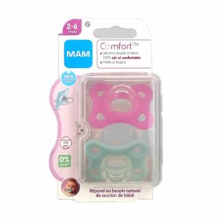 MAM Comfort 2 Sucettes Silicone 2-6 Mois - Couleur : Rose