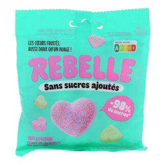 REBELLE Les Coeurs Fruités aussi doux qu'un nuage, sans sucres ajoutés, goûts fraise/pomme, sachet de 50g