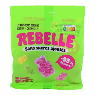 REBELLE Les Mythiques Oursons version "ça pique", sans sucres ajoutés, goûts framboise/pomme/citron, sachet de 50g