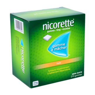 Nicorette 2mg nicotine, Gomme à mâcher, Sans sucre, fruits, boite de 210 gommes