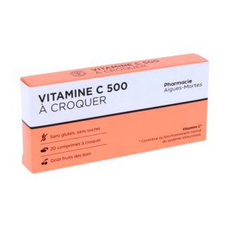 Pharmacie Aigues-Mortes Vit C 500 A Croquer, Sans gluten/Sans sucres, goût fruits des bois, boite de 20 comprimés à croquer