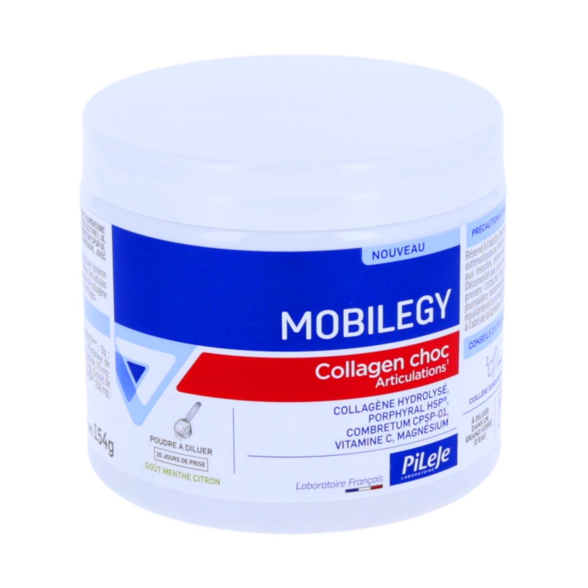 Pileje Mobilegy Collagen Choc Articulations, Poudre à diluer, 20 jours de prise, goût menthe-citron, pot de 154g